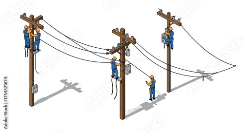 Isometric utility workers repairing power lines on poles in safety gear