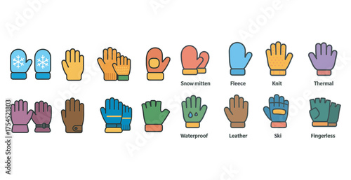 Winter gloves icons set – flat, colorful, mittens and handwear illustrations