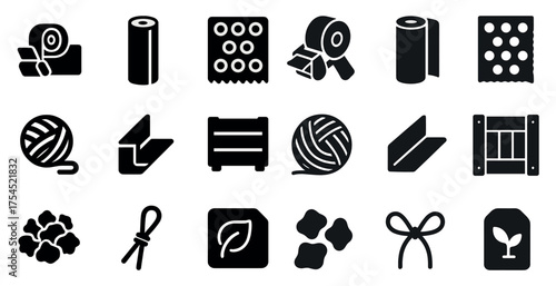 Crafting and yarn solid icons set – filled, knitting, sewing symbols