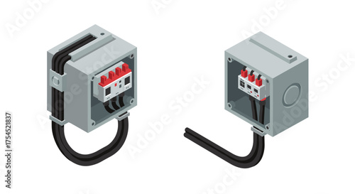 Detailed isometric circuit breaker box with wires in electrical enclosure