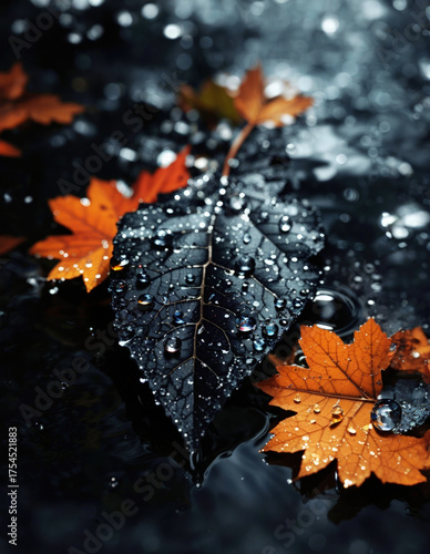 Autumn leaves with water drops on dark background, shallow dof