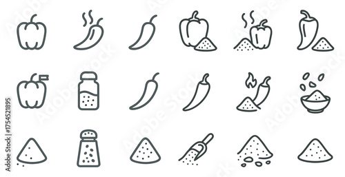 Spicy food outline icons set – linear, line, culinary and chili pepper symbols