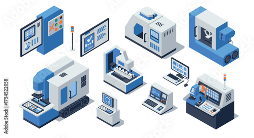 Isometric factory equipment with cnc machines and control panels in modern industrial style