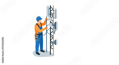 Technician installing antennas on telecommunication tower in isometric style