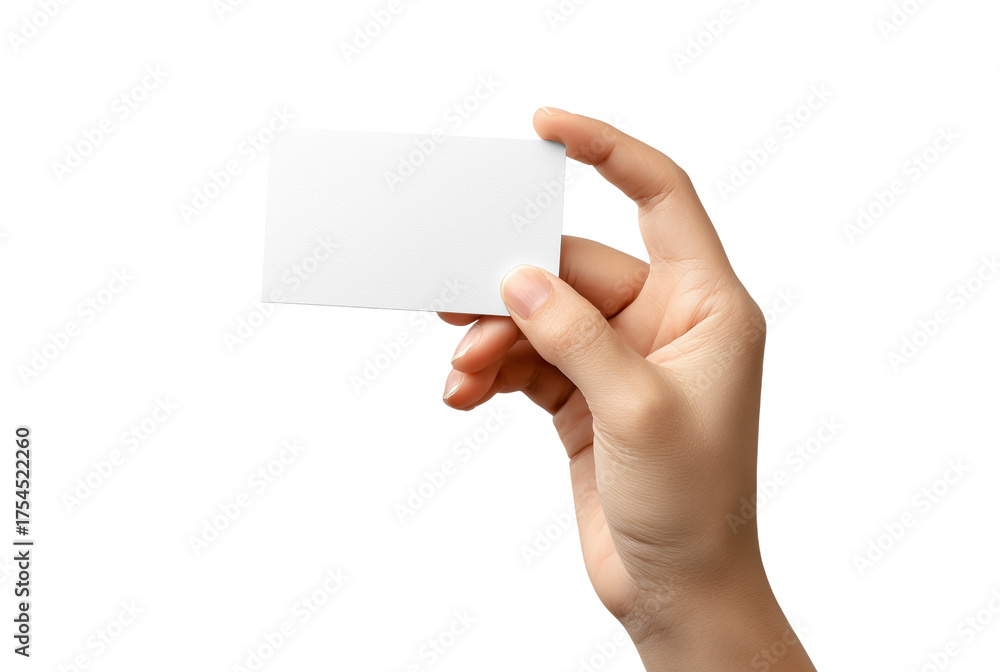 Obraz premium Human hand holding a blank white card isolated on transparent background