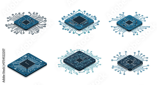 Isometric blue microchip set modern circuit technology designs
