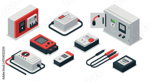 Isometric electronic measurement equipment set for technical analysis and testing