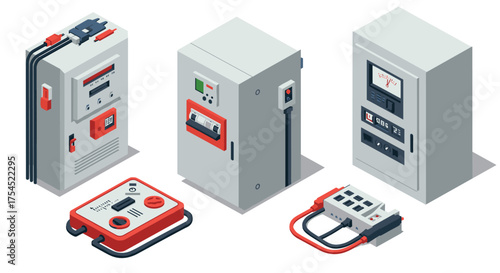 Isometric electrical control panels and switchgear set for industrial use