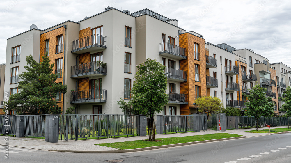 Naklejka premium Clean Urban Street with Contemporary Apartment Blocks