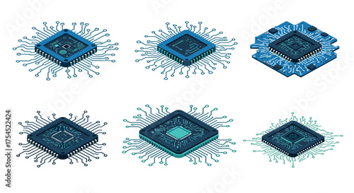 Isometric microchip collection showcasing diverse semiconductor chip designs