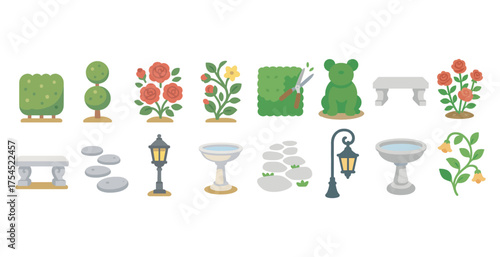 Garden and landscaping flat icons set – filled, plants, outdoor design symbols