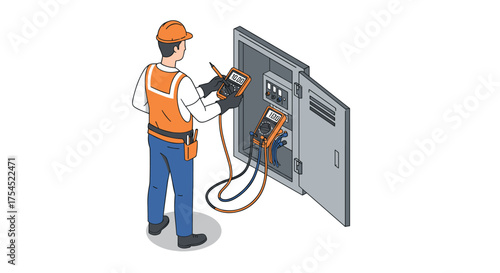 Technician using multimeter for electrical panel inspection in isometric style