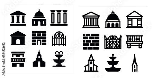 Architecture and monuments silhouette icons set – solid, filled, historical symbols