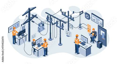 Isometric power grid management engineers overseeing electricity distribution in a control room