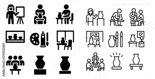 Pottery and art class solid icons set – filled, creative, crafting symbols