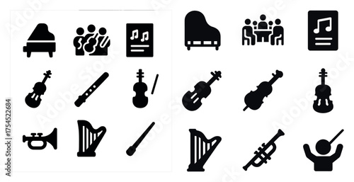 Music and performance solid icons set – filled, orchestra, and instrument symbols