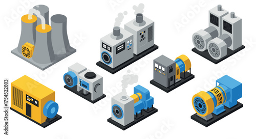 Isometric industrial machines and equipment set with engines and generators