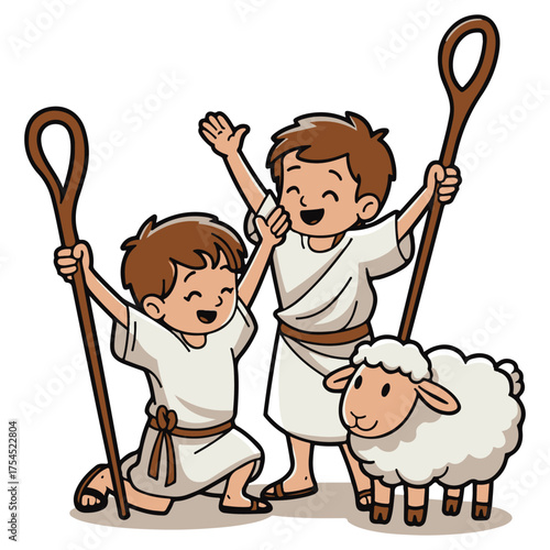 Set of cute cartoon shepherd boys and sheep illustrations in black and white line art