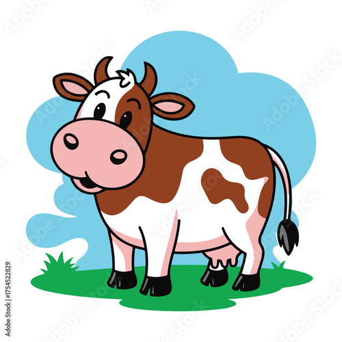 Cute cartoon cow standing on green grass with blue sky