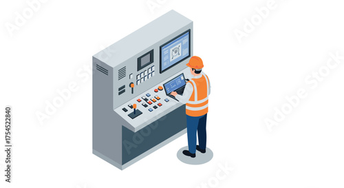 Isometric illustration of factory worker operating industrial control panel