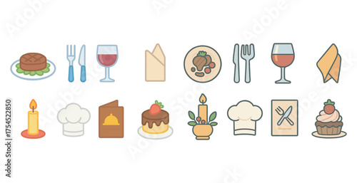 Food and dining icons set – flat, line, culinary and restaurant symbols