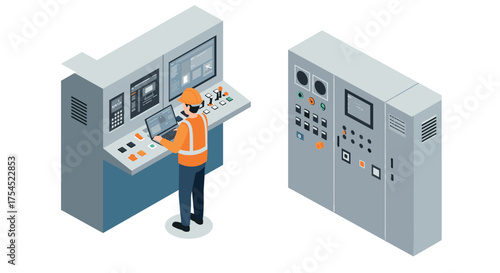 Control room operator working at modern industrial console in isometric design