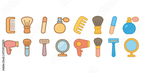 Beauty and grooming icons set – flat, outline, cosmetic and personal care symbols