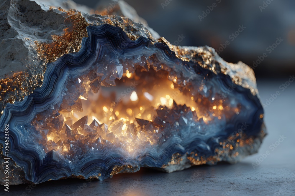 Fototapeta premium Blue Agate Geode with Sparkling Quartz Crystals, Illuminated by Golden Glow.