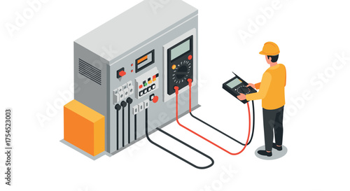 Isometric technician operating electrical control panel with digital multimeter