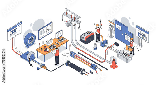 Isometric electrical engineering workflow with detailed components and team collaboration