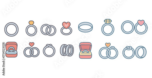 Wedding and engagement outline icons set – romantic, marriage, proposal symbols