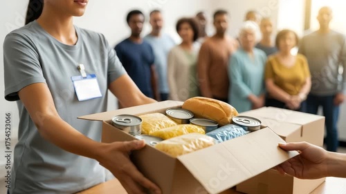 Woman volunteer giving opening cardboard box for those in need indoors, delivery. Food donations in box, charity work. Social support and community help footage