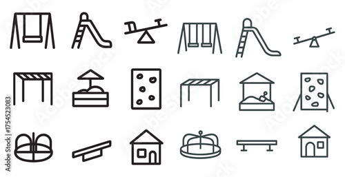 Playground equipment line icons set – silhouette, kids, park symbols and imagery