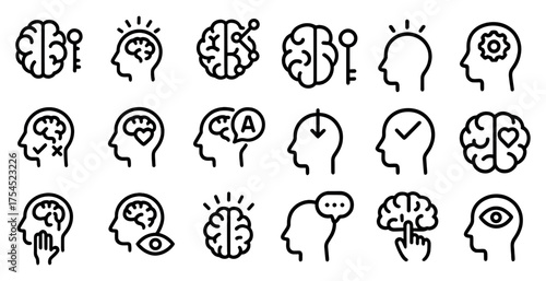 Mind and brain outline icons set – solid, linear, cognitive, neuroscience