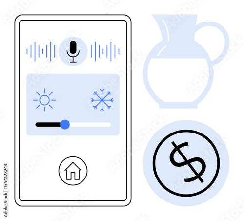 Digital interface with temperature settings and voice assistant pitcher symbol and dollar sign. Ideal for home automation, smart living, eco-control, energy savings, voice tech, finance, minimalist