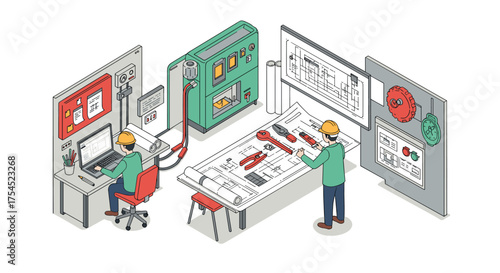 Engineers and technicians working on electrical control panel isometric design