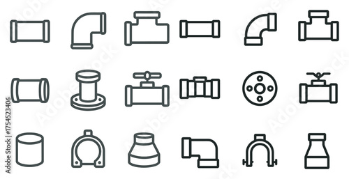 Plumbing and pipework line icons set – outline, vector, water system graphics