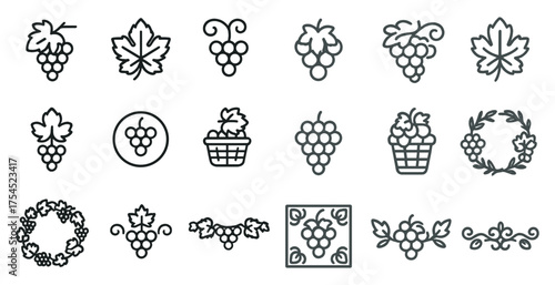 Grape and vineyard outline icons set – linear, wine making, agriculture symbols