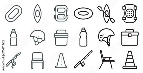 Outdoor adventure line icons set – fishing, kayaking, camping equipment symbols