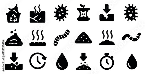 Recycling and waste management solid icons set – eco, filled, sustainability symbols