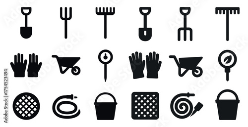Gardening tools silhouette icons set – yard, outdoor, equipment symbols
