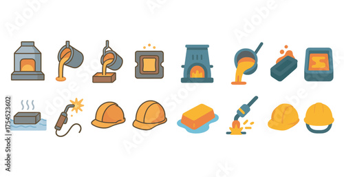 Metalwork and industry icons set – flat, silhouette, manufacturing and crafting symbols