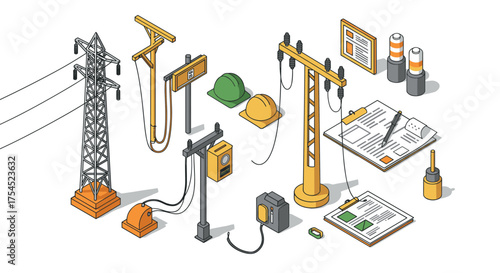 Isometric energy infrastructure elements and safety gear illustration