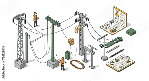 Isometric electrical infrastructure with workers and tools in a blueprint style