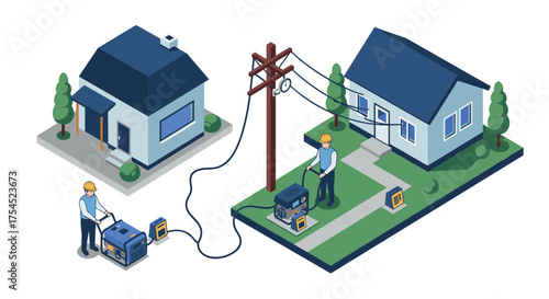 Isometric home power supply maintenance scene with technicians and generators