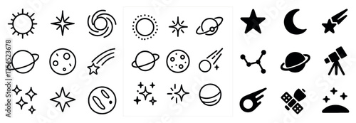 Astronomy and space icons set – outline, linear, celestial symbols and graphics