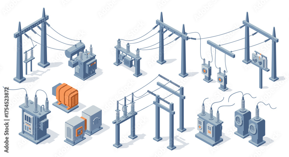 Obraz premium Isometric power infrastructure high voltage electrical substations and transmission towers