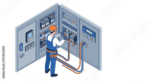 Technician working on electrical control panel in isometric style