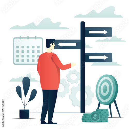 Young male characters are trying to find the right path direction and guide to destination. Different strategies for life choices and hardship solutions. Flat cartoon vector illustration