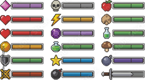  Pixel Art Game Health and Status Bars Vector Set